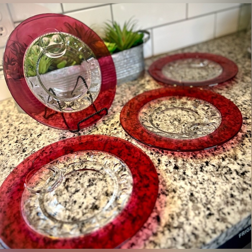 Stunning 1940s Tiffin Franciscan Kings Crown Thumbprint Ruby Red Flashed 8pc Set - Picture 16 of 16